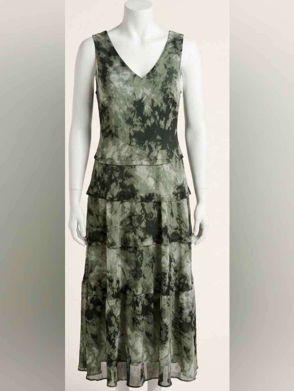 Vera Wang Olive Green Tiered Sleeveless Maxi Dress